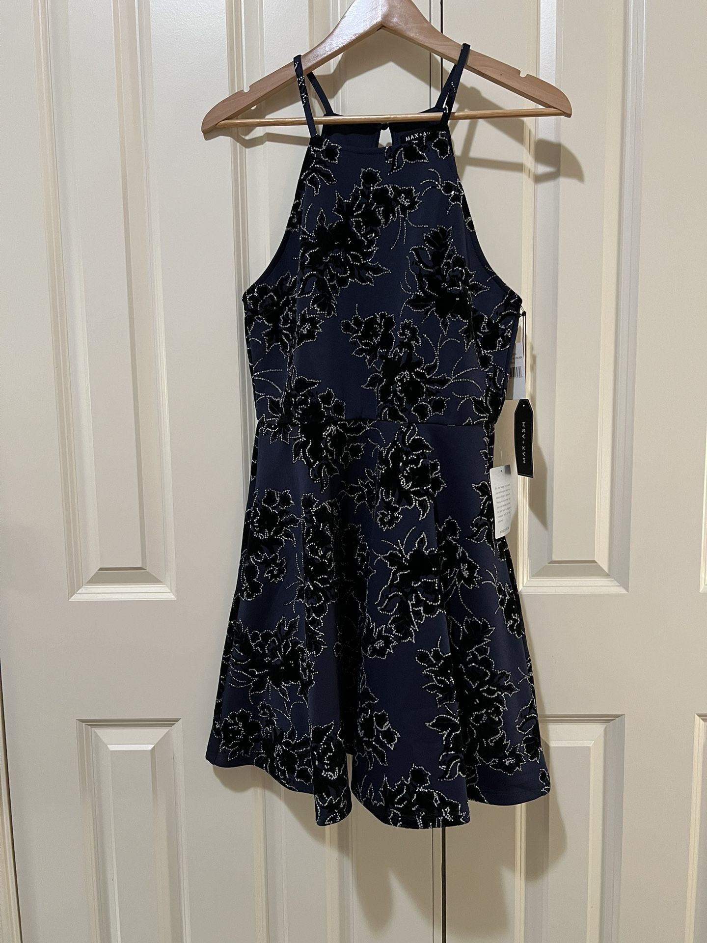 Max & Ash Navy Blue (Floral-Patterned with Silver Glitter) Skater Dress; Size - Junior L