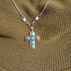 Artisan Blue Moon Turquoise White Buffalo Sterling Silver Cross Necklace 