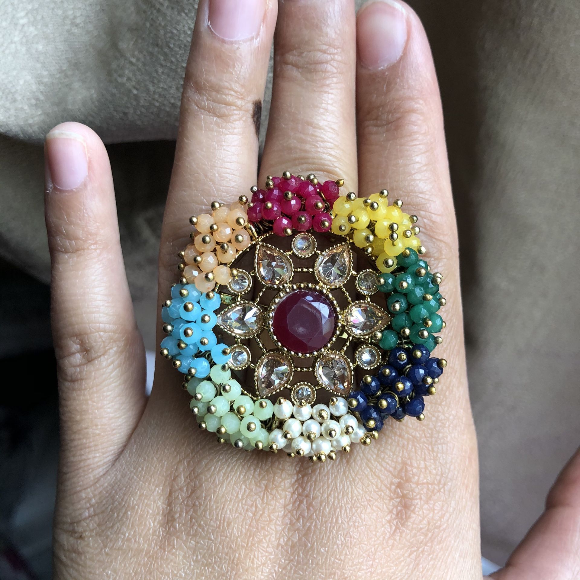 Polki Pearls Multicolor Adjustable Ring Pakistani Indian Jewelry