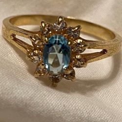 Costume Yellow Gold Blue Topaz/ Diamond Size 8 Ring