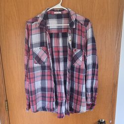 maurices Women's Plaid Flannel Button-Up Shirt Red Navy White Cotton XL