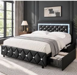 Queen Bed Frame,Faux Leather Upholstered Bed with Button Tufted Headboard Modern Platform Bed Frame with Diamond Design, No Box Spring Required, Easy