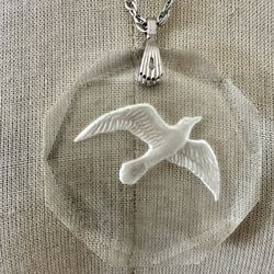 Vintage Etched Glass Bird Pendant Necklace Silver Tone Rope Chain