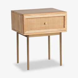 Liza One Drawer Nightstand – Natural Mango Wood & Cane, Brass Legs, Compact 18″