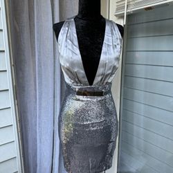 Bebe Silver Satin and Sequin Cocktail Dress Size Small