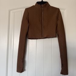 TIMING Textured Cropped Zip-Up Top w/ Thumbholes – Size S – Brown Stretch Fitted Athleisure