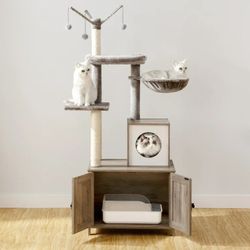 Cat Tree Tower with Litter Box Enclosure Indoor, Wooden Cat Condo with Scratching Posts, Litter Box Furniture Hidden, All-in-One Cat House, Greige bra