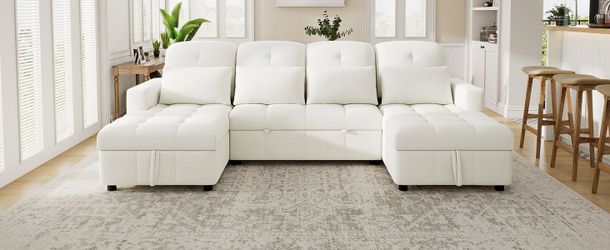 110.2 Oversized U-shaped Sofa Versatile Sectional Sofa Pull-out Sofa Bed with Double Storage Chaise Lounges and Two USB Ports for Living Room,Beige