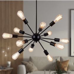 Sputnik Chandeliers Black, Modern 12-Light Farmhouse Pendant Light Mid Century Starburst Lighting Vintage Industrial Ceiling Hanging for Living Dining