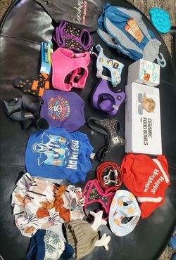 Dogs clothes, shoes, socks, harness, hats, jackets, tie bowls, paw cleaner and treat toy