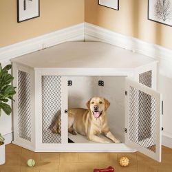 52” Corner Dog Crate Furniture, Wooden Dog Kennel Furniture for Medium-Large Dogs, Space-Saving White Decorative Indoor Pet House with Mesh Door