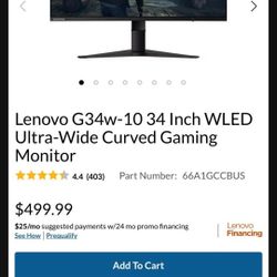 Lenovo Ultra Wide Curved Gaming Monitors 34 Inch 