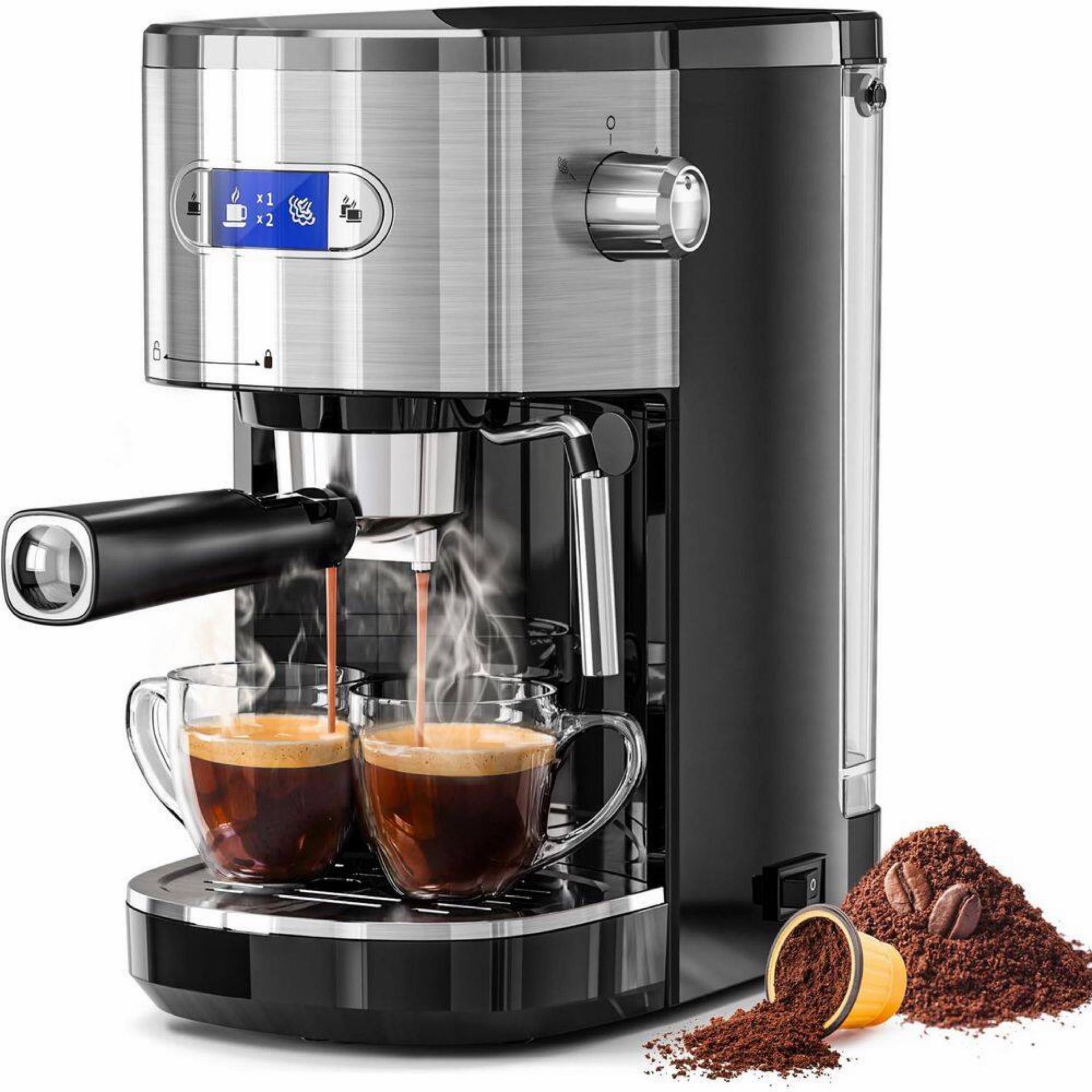 COWSAR 2 Cups Stainless Steel Coffee Maker with Milk Frother Steam Wand, 45 oz. Removable Water Tank for Cappuccino