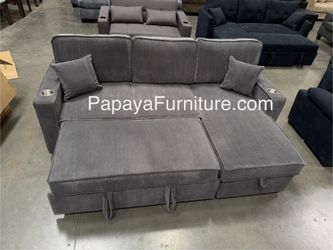 New! 89” Sectional Sofa Bed, Grey Sectional Couch, Sofabed, Corduroy Sectional, Gray Reversible Left Right STORAGE Chaise Pull-out Bed Sofa Sleeper