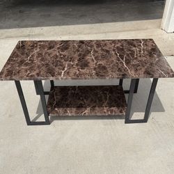 Brown 2-Tier Rectangle Coffee Table Faux Marble Table top for Living Room, Double Metal Leg Design