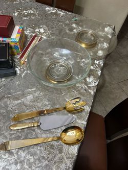 Vintage SEIBU 24K Gold Plated Glass Cake Platter & Serving Set