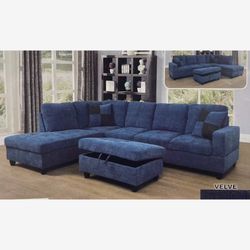 Blue Microfiber Sectional Couch And Ottoman 