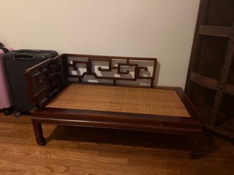 Vintage Chinese Solid Wood Daybed / Rattan Opium Bed with Backrest