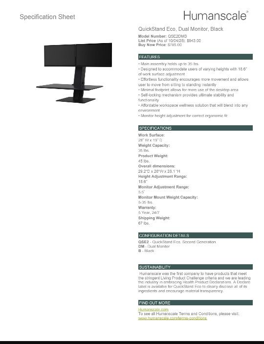 Humanscale Dual Monitor Adjustable Sit Stand