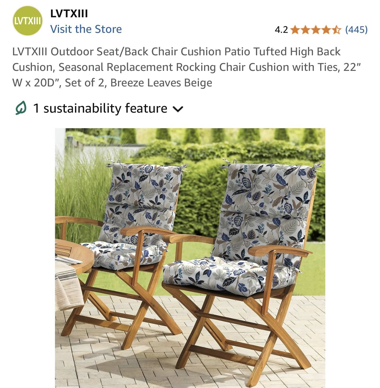 LVTXIII Outdoor Seat/Back Chair Cushion Patio Tufted High Back Cushion, Seasonal Replacement Rocking Chair Cushion with Ties, 22" W x 20D". , Set of 2