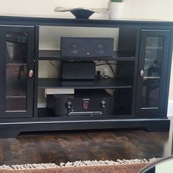 Black Wood Cabinet With Shelves And Glass Doors 
