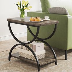 Tribesigns 2-Tier End Side Table with Stylish Metal Frame, Vintage Rectangular Bedside Nightstand for Bedroom, Wood and Metal Chair Side Tables Living