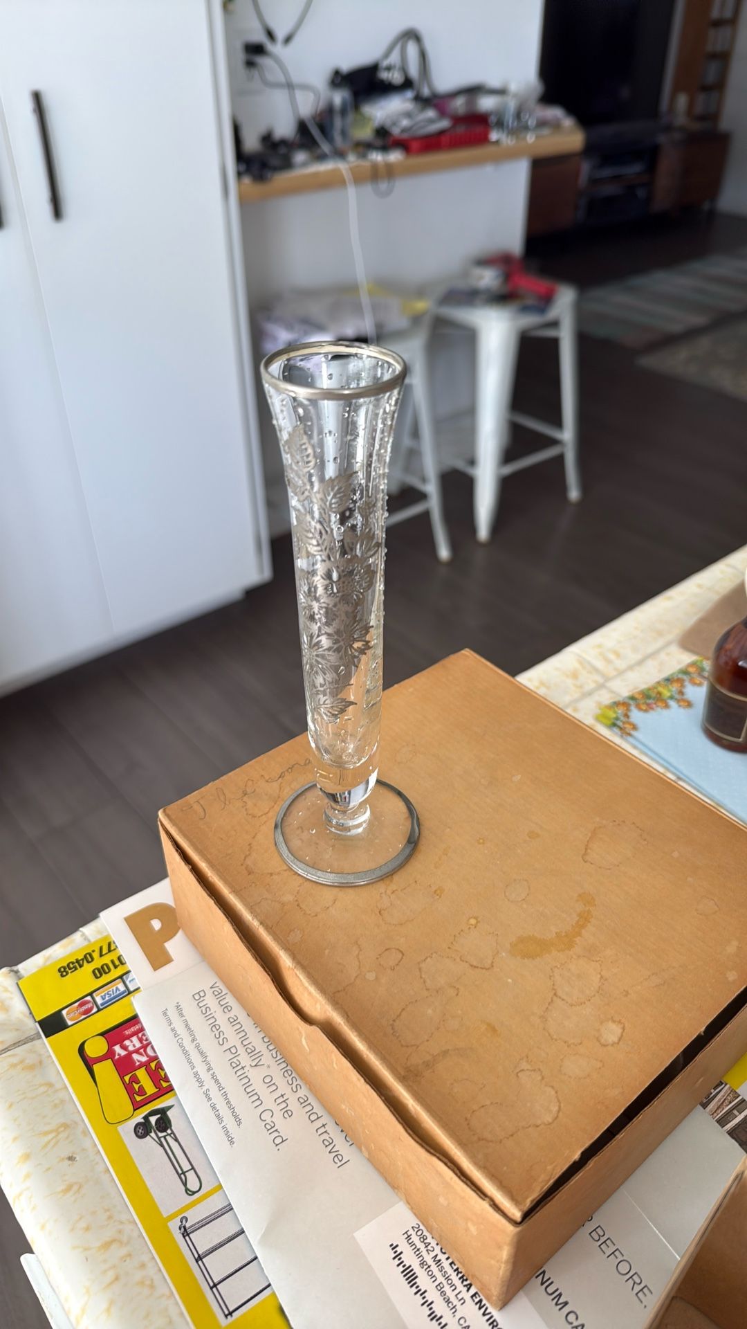 Vintage Glass Bud Vase Sterling Silver Overlay Floral Design Mid Centrury MCM