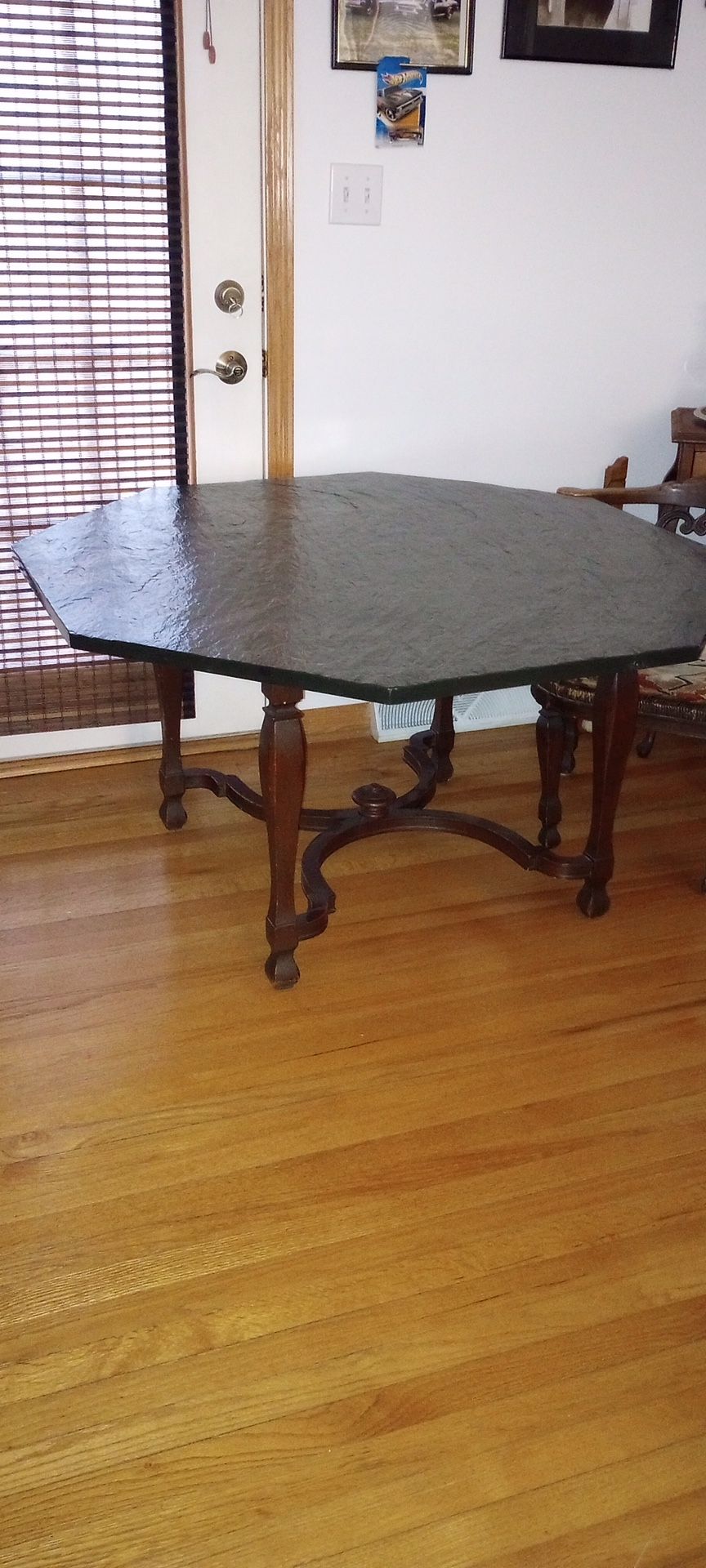 TABLE SLATE TOP ANTIQUE 2 CHAIRS 47”OCTAGON SHAPE 2 CHAIRS 2 More Chairs Need Repair /  ELMHURST, IL. /PICKUP CASH ONLY 