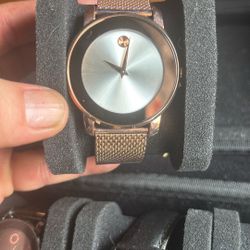 Pink Metalic Movada Mirrored Around Dial Pearly Reflective Grey Face Watch