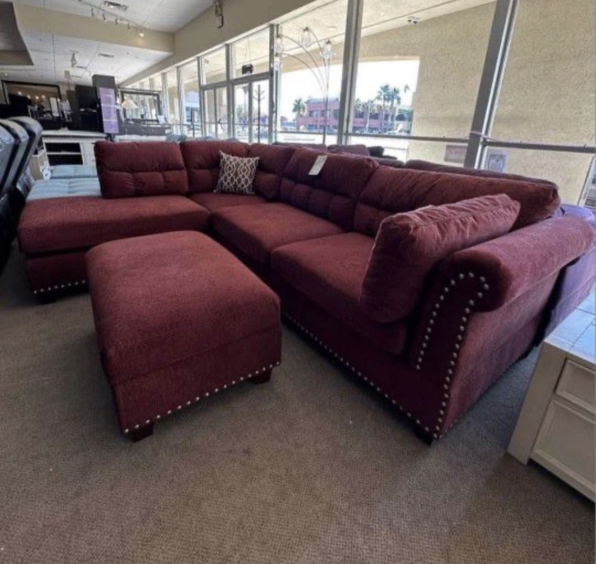 Brand New Red Velvet Sectional Sofa Couch With Storage Ottoman