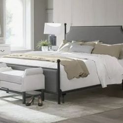 BRAND NEW, NEVER USED. McArthur King Headboard & Footboard. Black Metal With Grey Fabric.