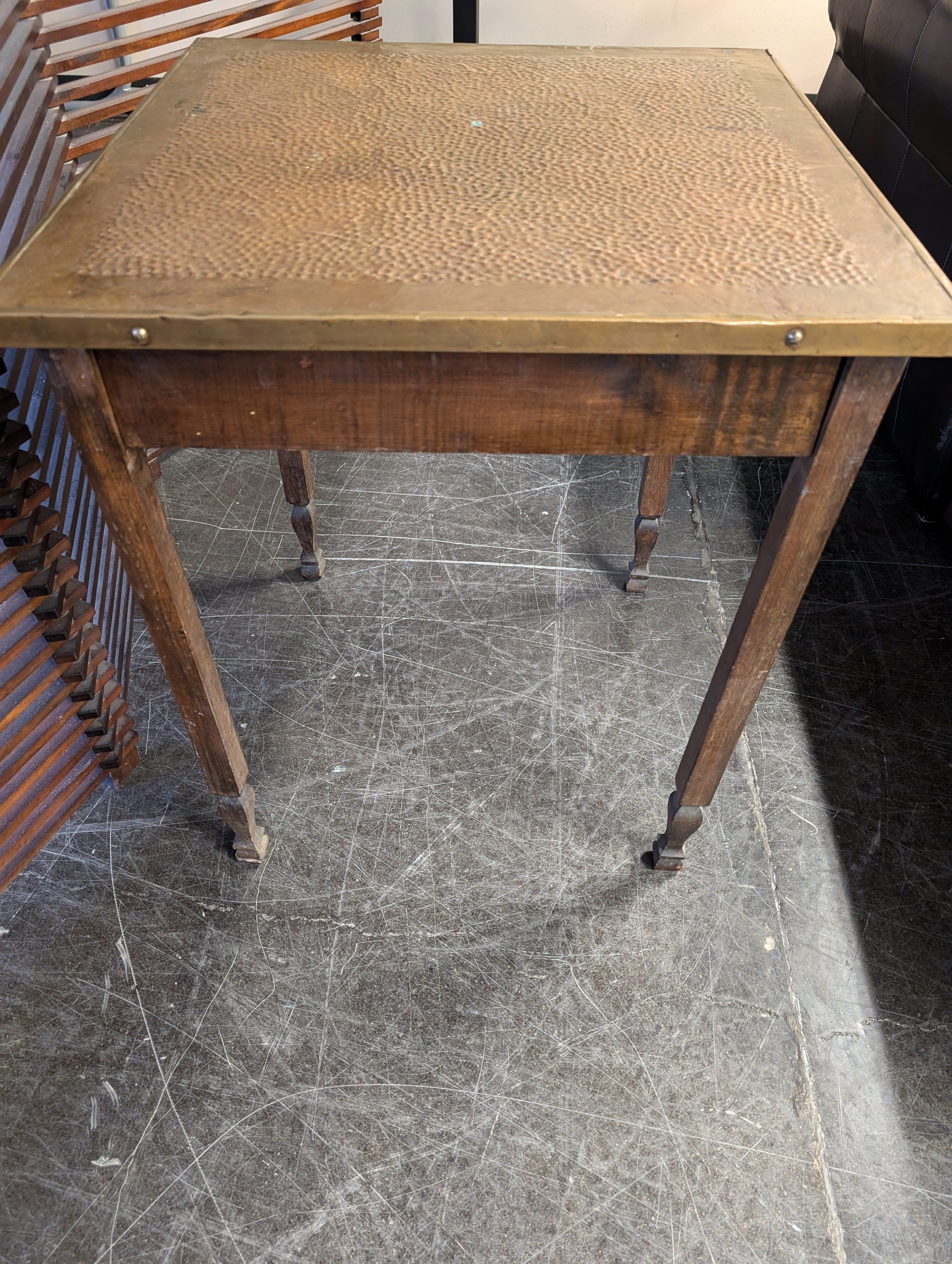 Vintage Hammered Metal Top Wood Side Table