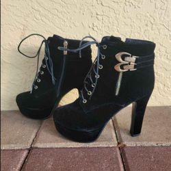 New Black Velvet Heeled Ankle Boot with Gold Accents