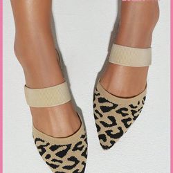 CUCCOO BASICS Woman Shoes Leopard Pattern Knit Detail Point Toe Mules