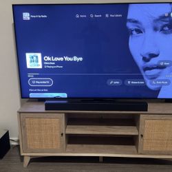 OKD TV Stand for 75+ Inch TV, Mid Century Modern Entertainment Center with Natural Rattan Door, Storage Shelves, Large Boho Media TV Console, Long Tel