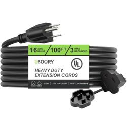 Outdoor Extension Cord Waterproof 100 FT, Black 16/3 SJTW Heavy Duty, Flexible 100% Copper 3 Prong Extension Cord for Lawn, Garage,UL Listed 