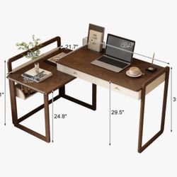 High-quality home office desk, extendable to 70", retractable L-shaped desk, white waxed wood base