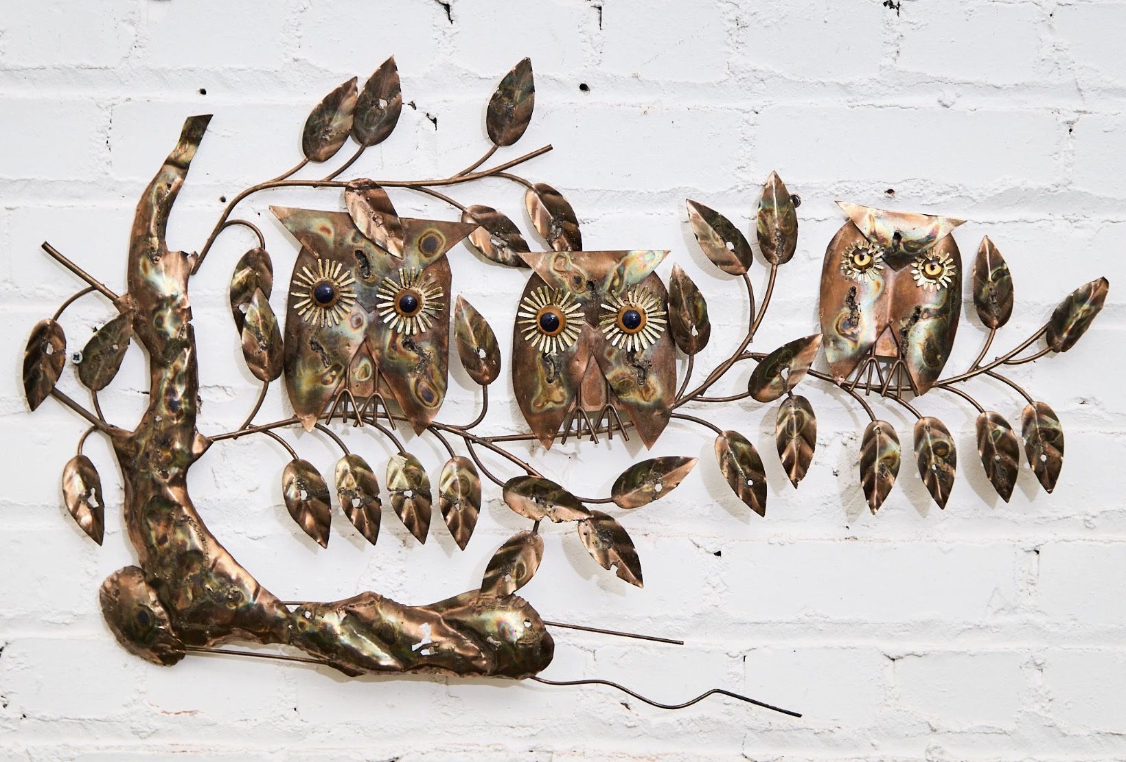 Vintage Mid Century Brutalist Owl Brass and Copper Wall Sculpture