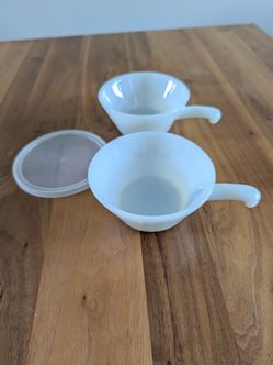 Vintage Anchor Hocking Fire-King White Milk Glass Handled Soup Bowls (#240) Set of 2 With 1 Lid