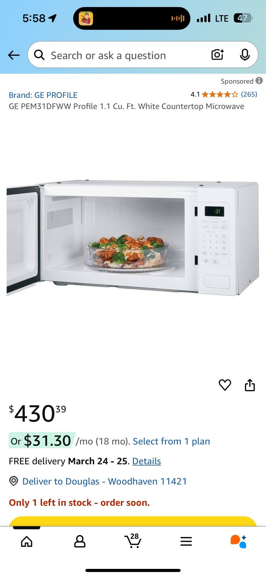 GE PEM31DFWW Profile 1.1 Cu. Ft. White Countertop Microwave