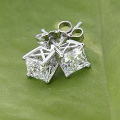 NEW! 2CTW. Princess Cut Solitaire, Certified Moissanite Gemstone Diamond Stud Earrings, Please See Details 🌷