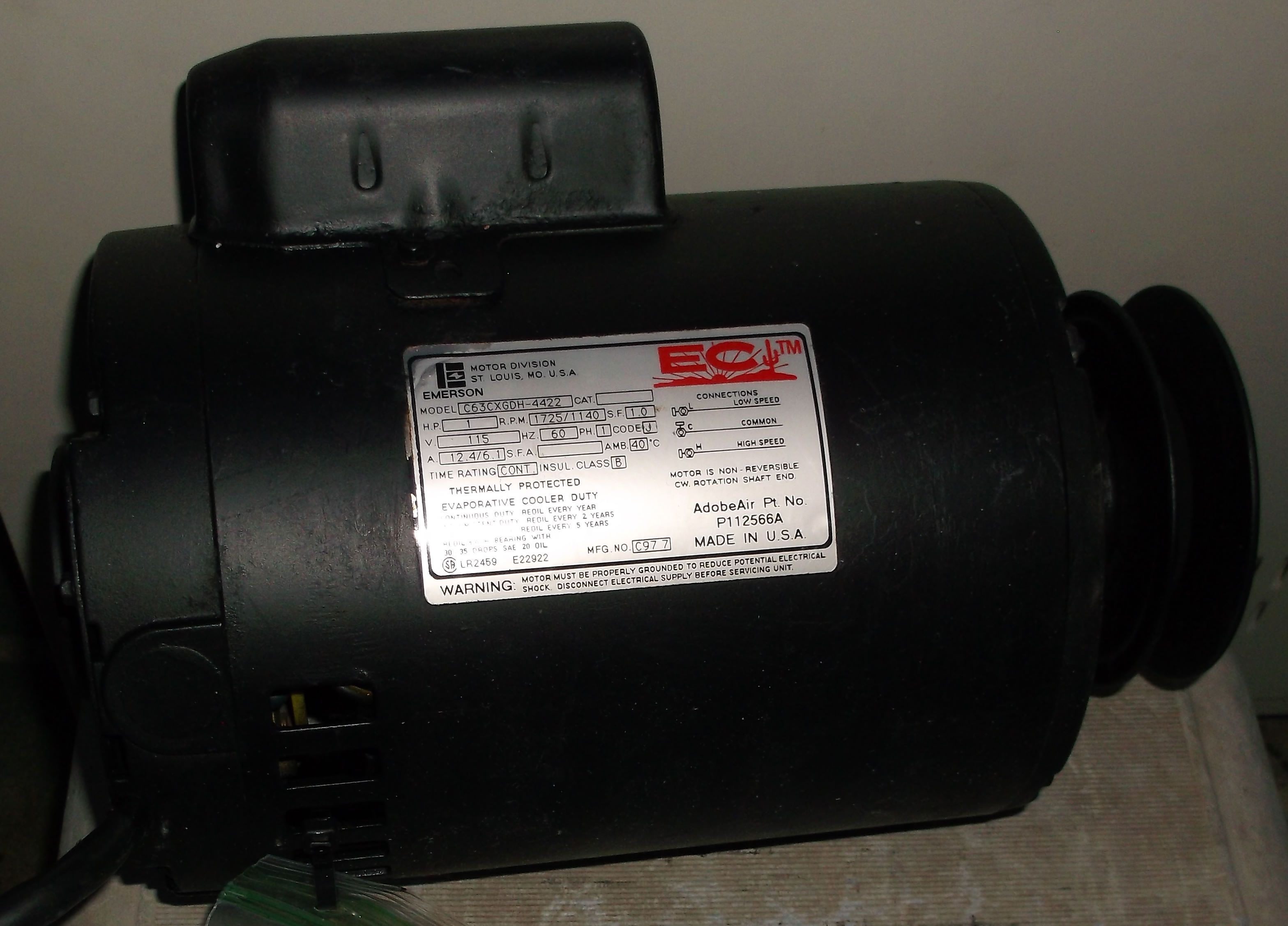Emerson Motor Division Swamp Evaporative Cooler System Motor 1HP 1725RPM / 1140 RPM 2Speed
