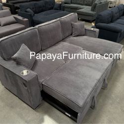 NEW Dark Grey Beige Black Chocolate Fabric Pullout Sleeper Bed Sectional Sofa and Reversible Left Right Chaise Set Under Seat Storage Ashley Style BIG