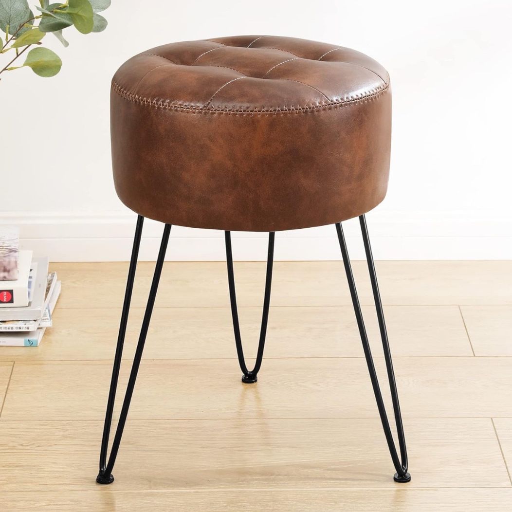 Faux Leather Vanity Stool Chair for Makeup Room，Brown Stool for Vanity, 19” Height, Tufted Small Vanity Chair Stool with Metal Legs, Modern Foot Stool
