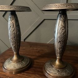 Silver Tone Copper Etched Pillar Candle Holders 