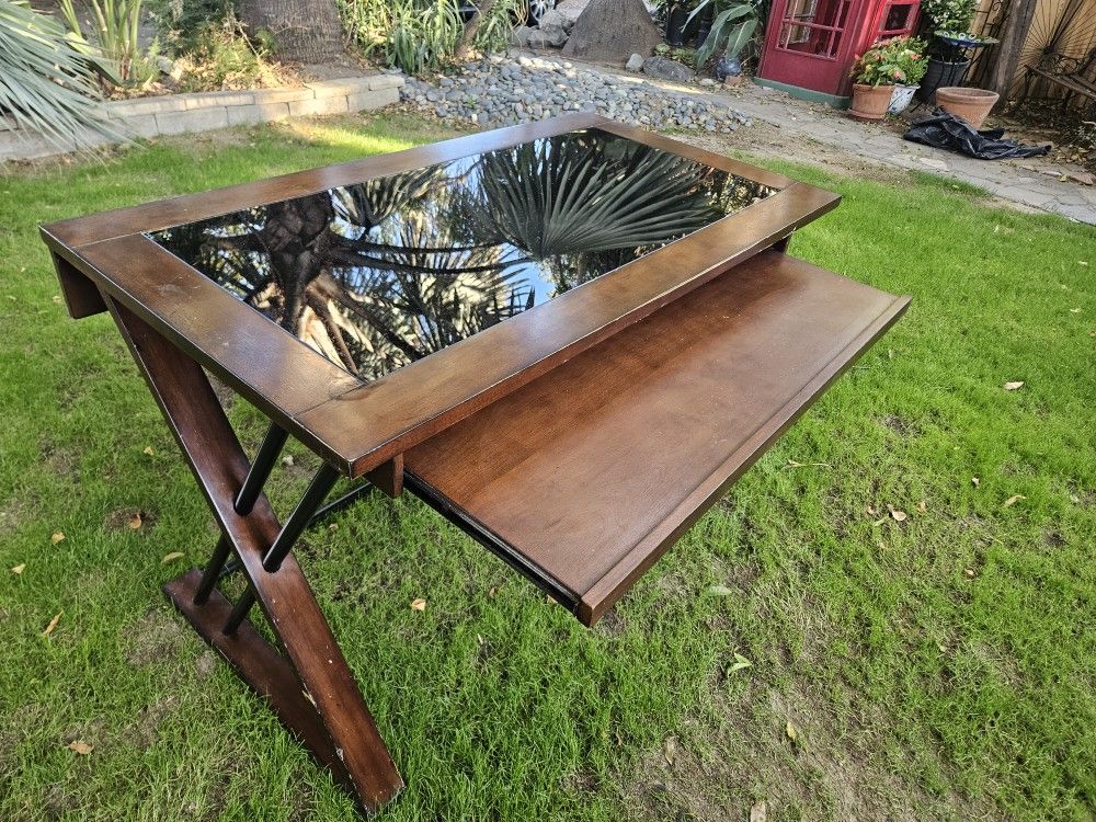 Solid Wood Desk with Glass Top and Sliding Draw