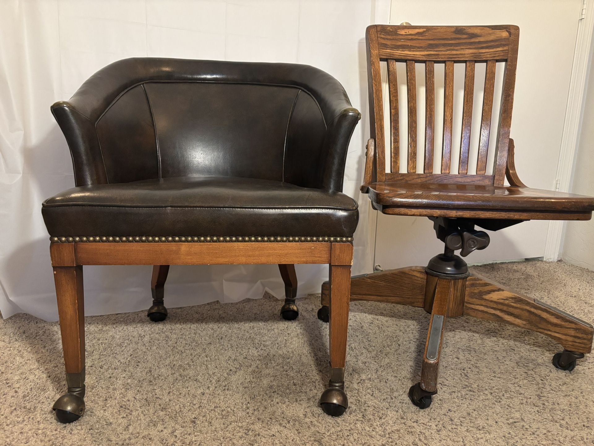 Vintage Leather Rolling Office Chair - Antique Oak Bankers Swivel Chair