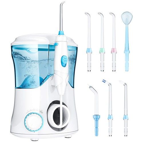 KHH Water Flosser Pick Teeth Cleaner Dental 10 Levels High Frequency Pulse Water Jet Flushing 600ML Big Capacity with 7 Jet Tips Countertop Daytime Wh