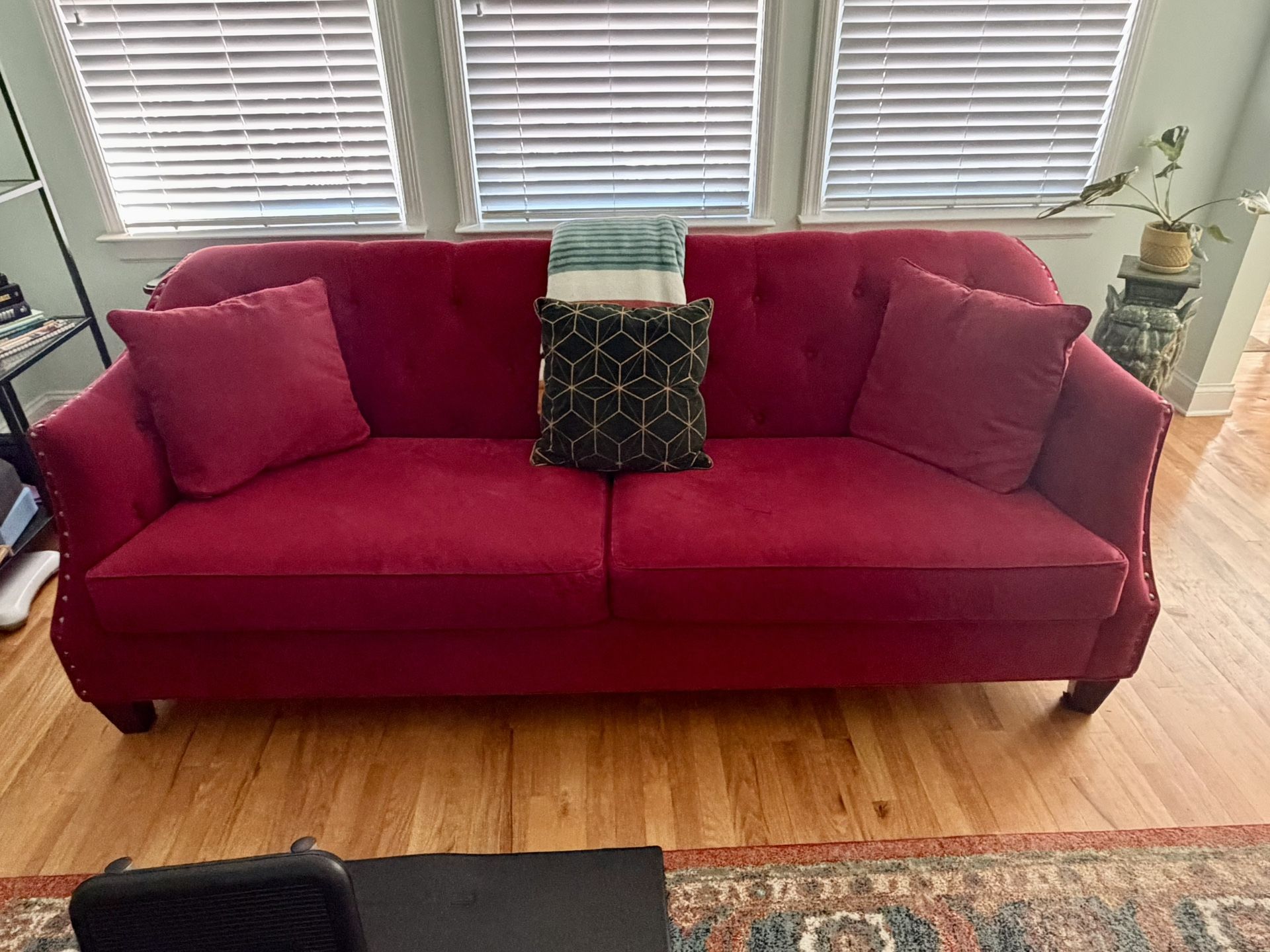 MOVING SALE - Modern Red Velvet Sofa – Excellent Condition