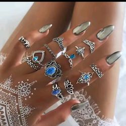 13 PC Set Vintage Carved Hallow Flower Crown Love Rings Trendy 